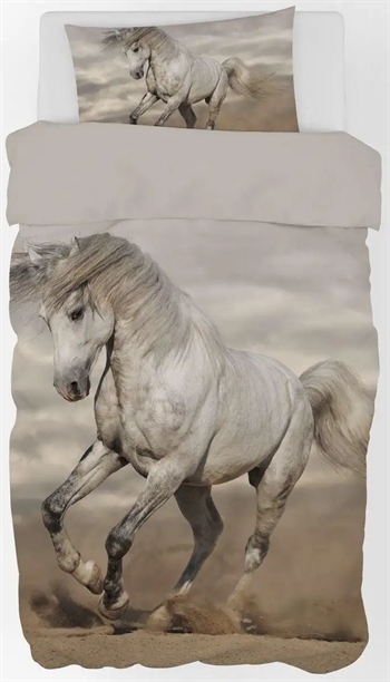 Billede af Sengetøj 140x200 cm - Stor hvid hest - 2 i 1 design - 100% bomuld hos Shopdyner.dk